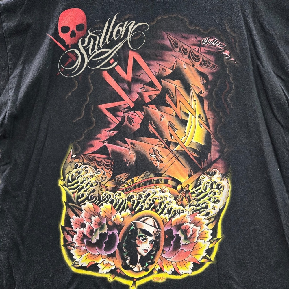 Sullen Men Shirt 2XL Black Tybred Pirates Floral Skull Ink Logo Graphic Tee - Picture 3 of 9